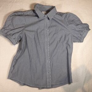 J. Crew Women's Blue White Striped Puff Sleeve Collared Button Up Shirt Size L
